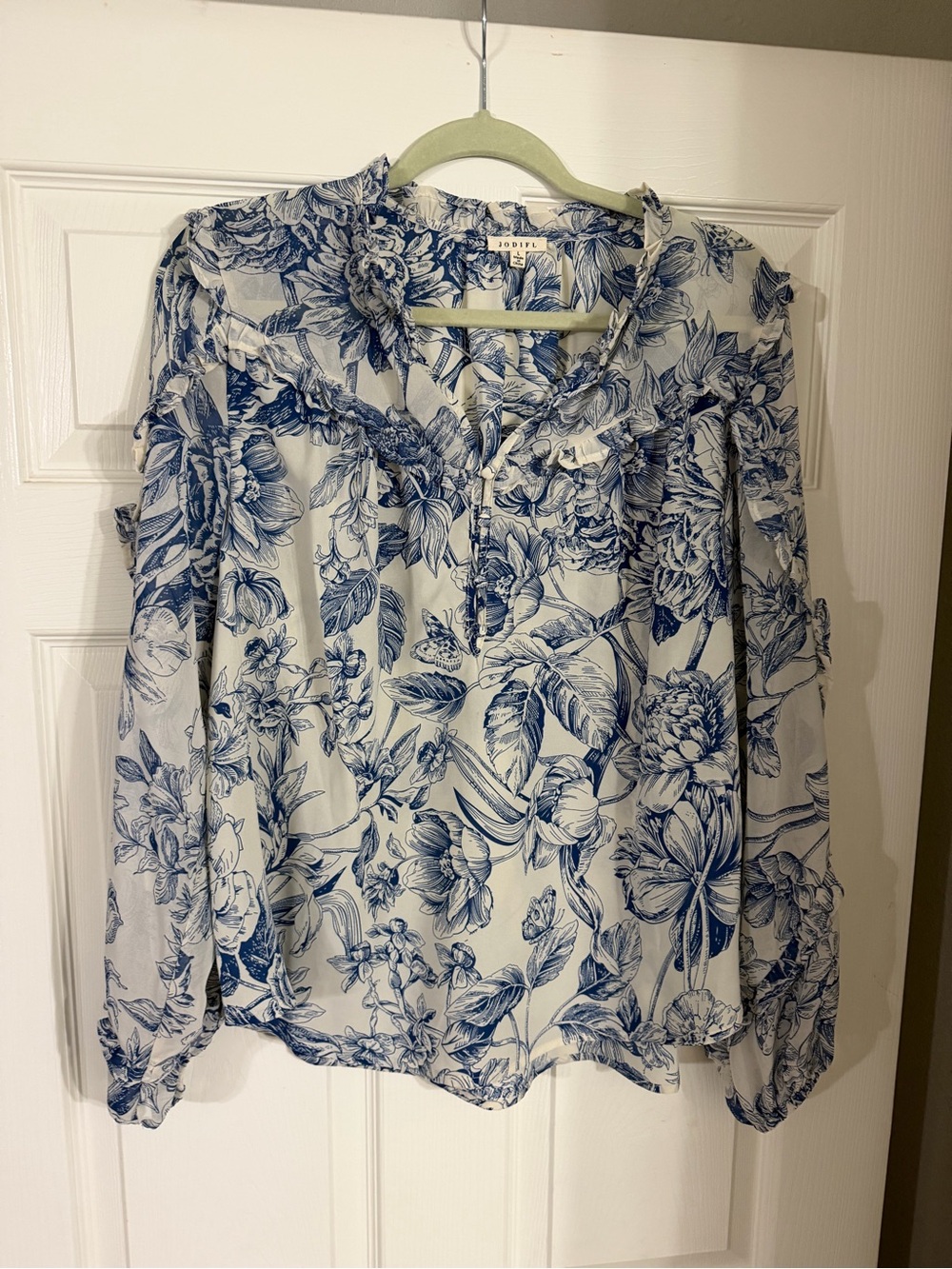 Jodifel Blue and White Floral Ruffle-Neck Blouse